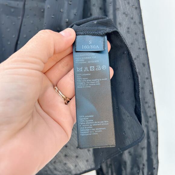 AllSaints Vida Shimmer Swiss Dot Long Sleeve Sheer Black Small Blouse Top - Picture 6 of 7